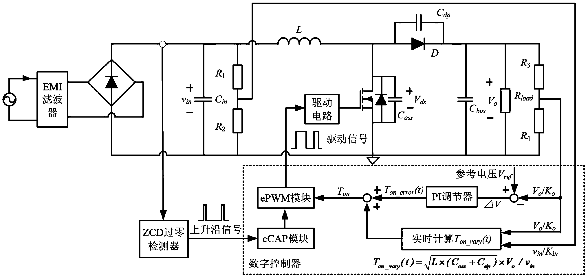 在crm升压型pfc变换器工作范围内的任意条件下,开关管导通时间ton(t)